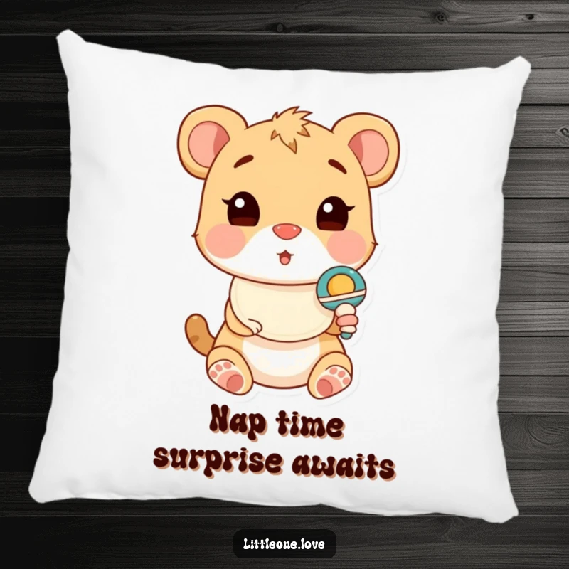 Funny Pillow showcasing a cute baby animal in a bib, looking surprised by a toy rattle, perfect for cozying up.