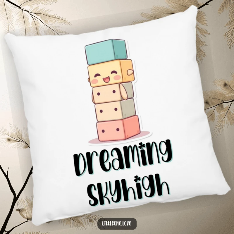 Funny pillow with a baby block character stacking itself too high, offering cozy comfort and humorous motivation. Cushion.