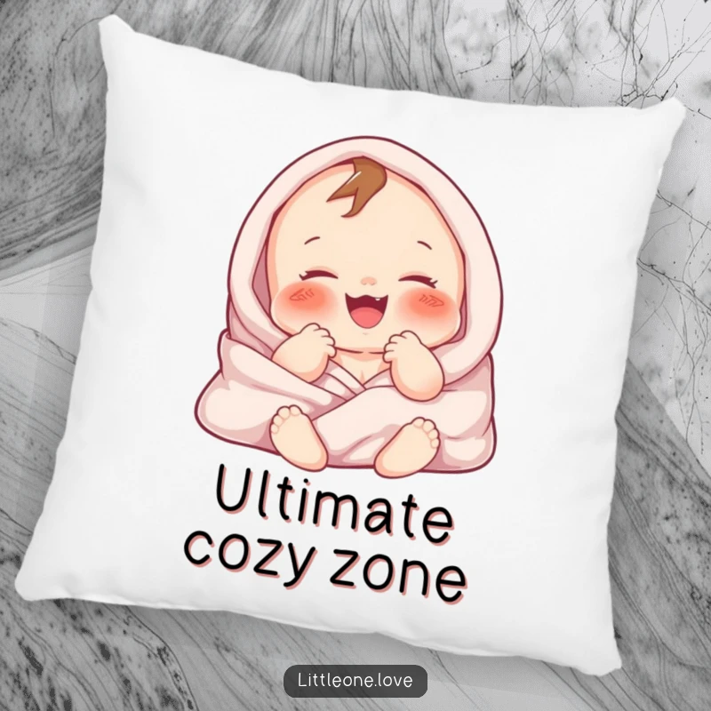 Funny decorative pillow with a chubby baby character gurgling happily while covered in soft, cozy blankets. Sweet comfort.