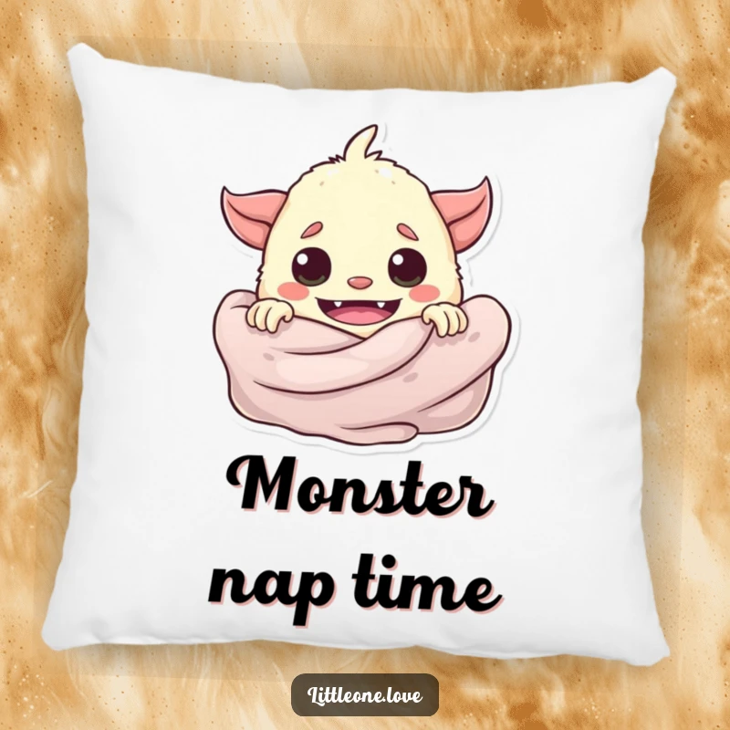 Funny playful baby monster peeking from behind a soft blanket, printed on a soft, decorative pillow.