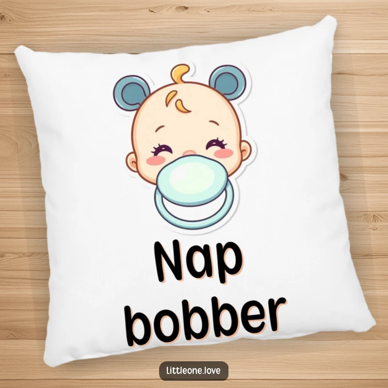 Funny pillow with a cheerful baby pacifier character bobbing up and down, offering comfort and cute humor. Cushion.