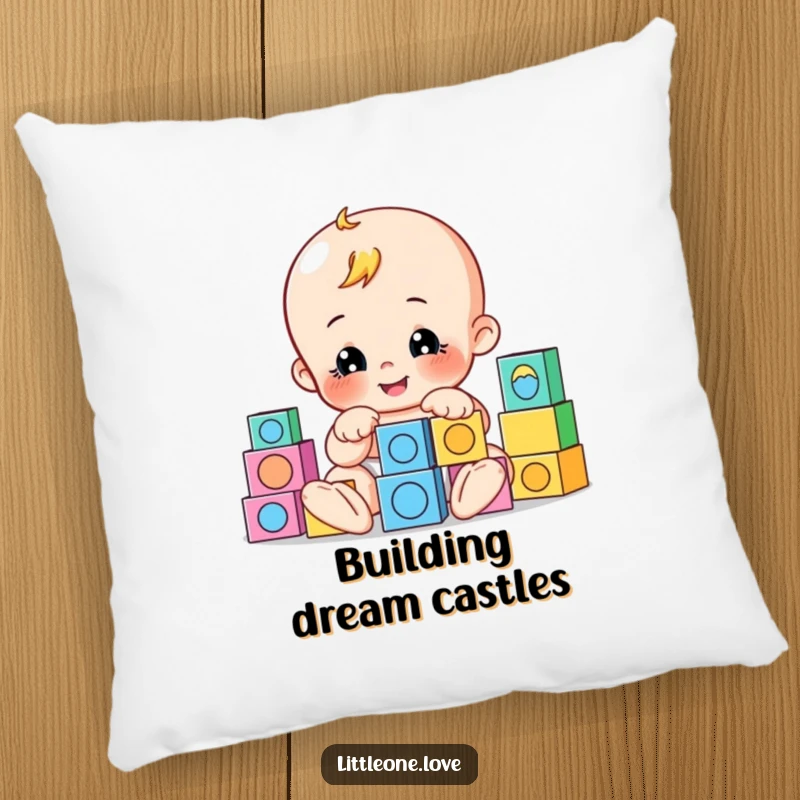 Funny pillow featuring a playful baby character building with cheerfully arranged blocks, offering comfort and creative charm.