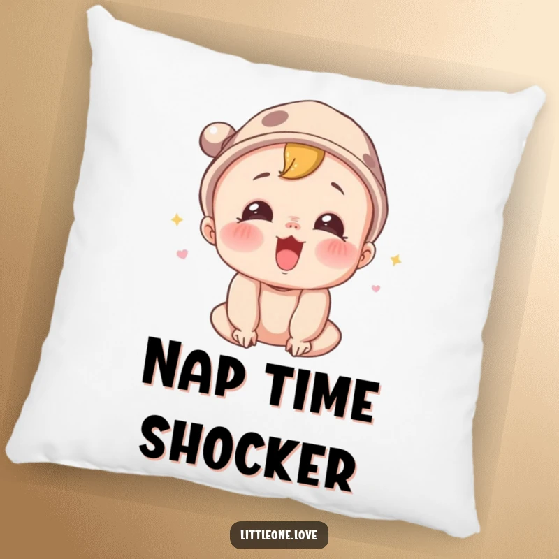 Funny pillow featuring a surprised baby character wearing a tiny hat, letting out a joyful squeal, offering comfort and playful charm.