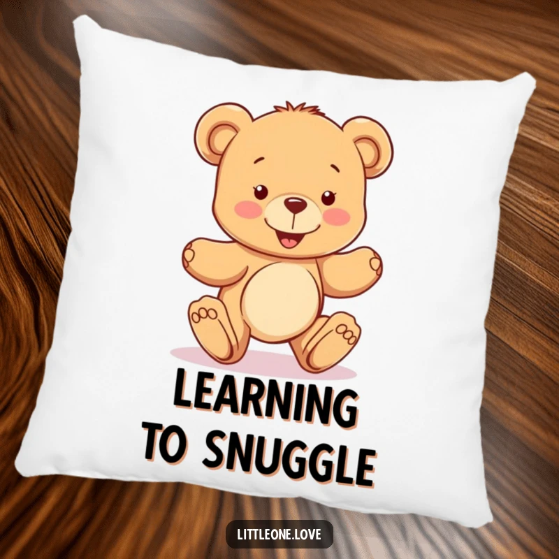 Funny pillow with a happy teddy bear character learning to take wobbly steps, offering soft comfort and a symbol of adorable determination, perfect accent.