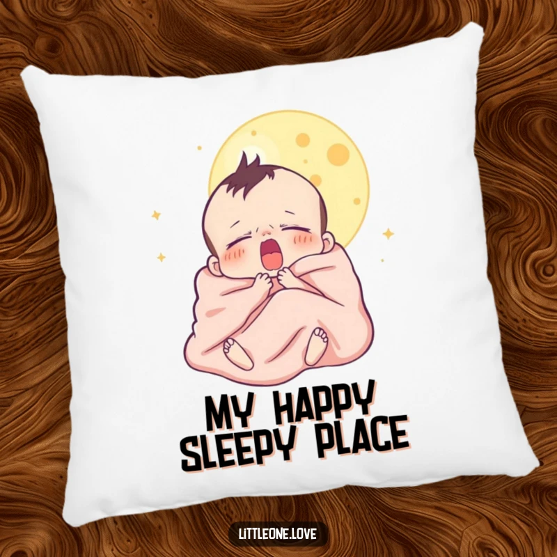 Funny pillow with a sleepy baby character yawning under the moon, nestled in a blanket, offering both comfort and humorous charm.