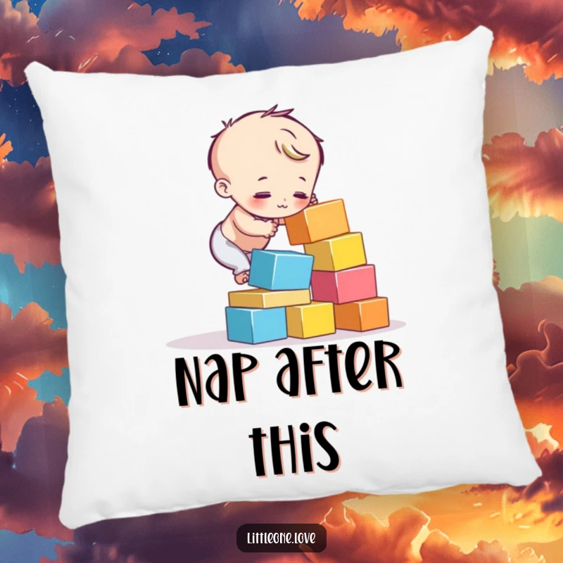Funny decorative pillow with a child character's colorful block tower tumbling down. Humorous and cozy.