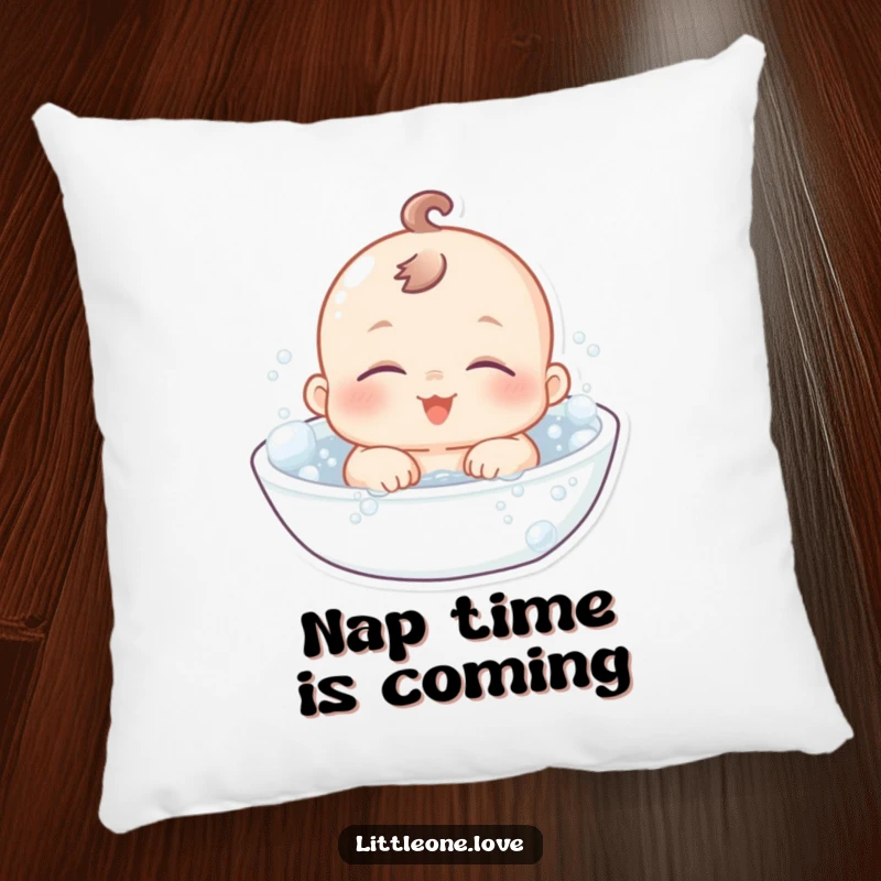 Funny Pillow: A chubby baby character with gentle, sleepy eyes floats peacefully in a bubbly bath, exuding pure contentment.