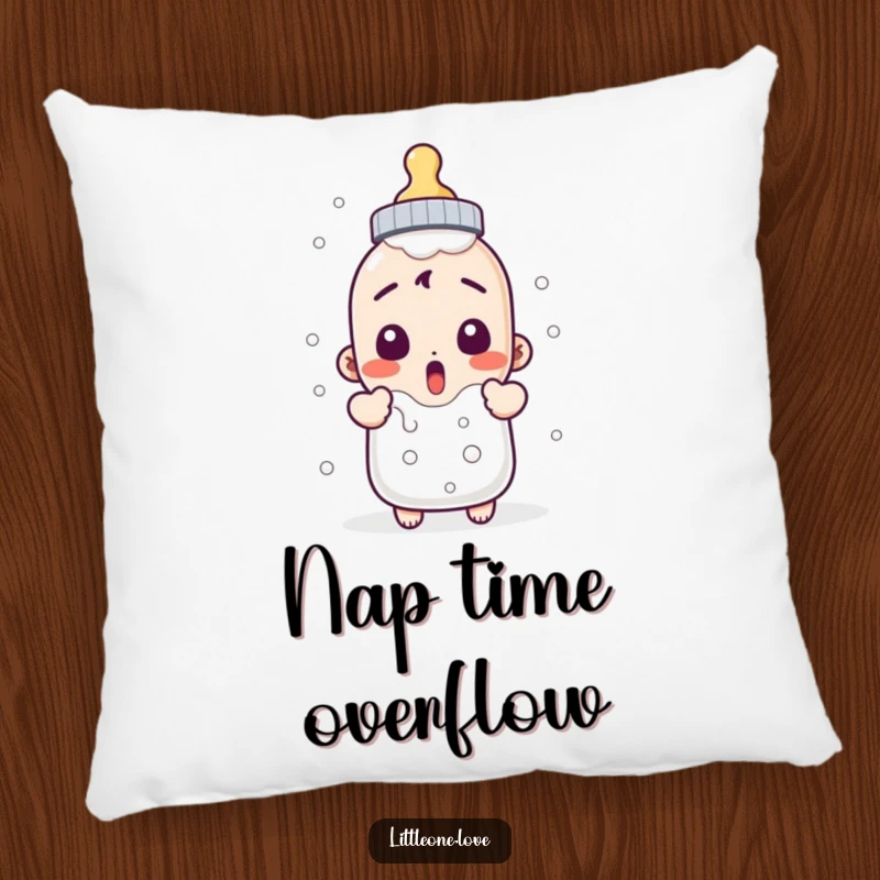 Funny pillow with a surprised baby bottle character bubbling over, offering comfort and a humorous touch. Great gift.