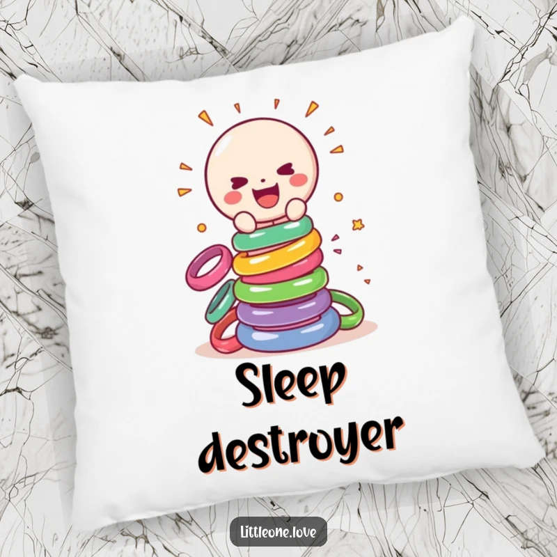 Funny pillow design of a happy, sentient baby rattle gleefully smashing a tower of colorful rings, a soft and humorous accent.