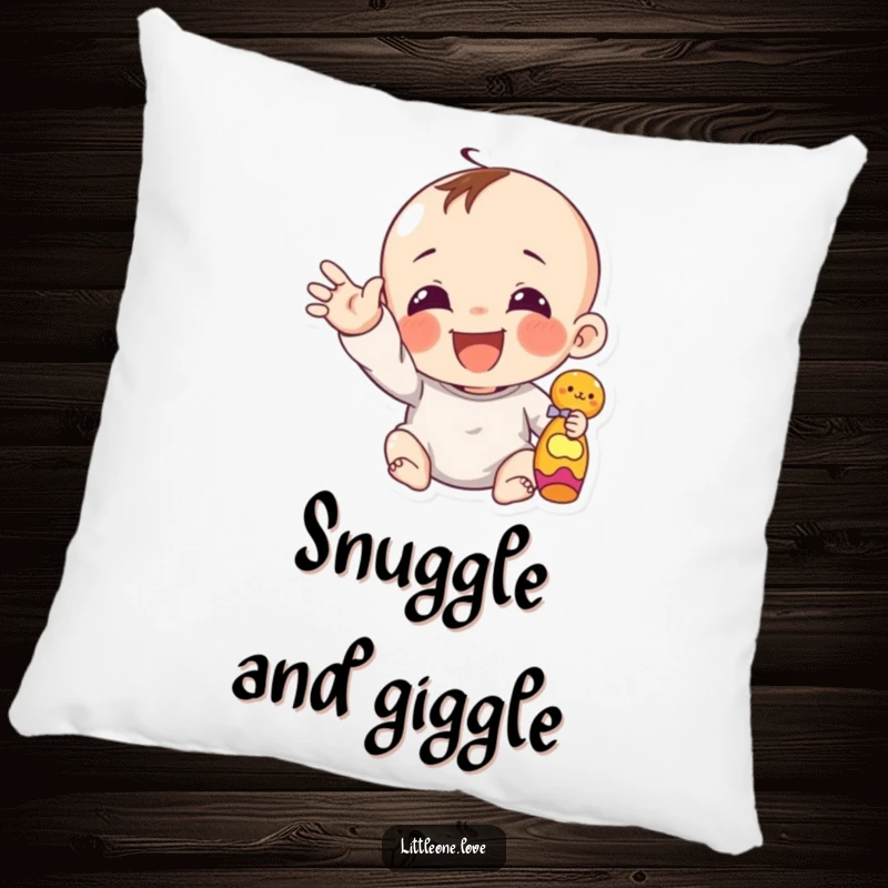 Funny giggling infant with chubby hand reaching for a toy, printed on a soft, decorative pillow.