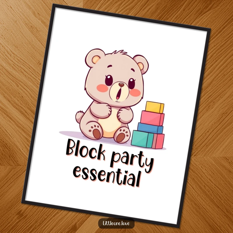 Funny baby bear digital art print, surprised by a stack of building blocks, printable humorous artwork for instant wall decor.
