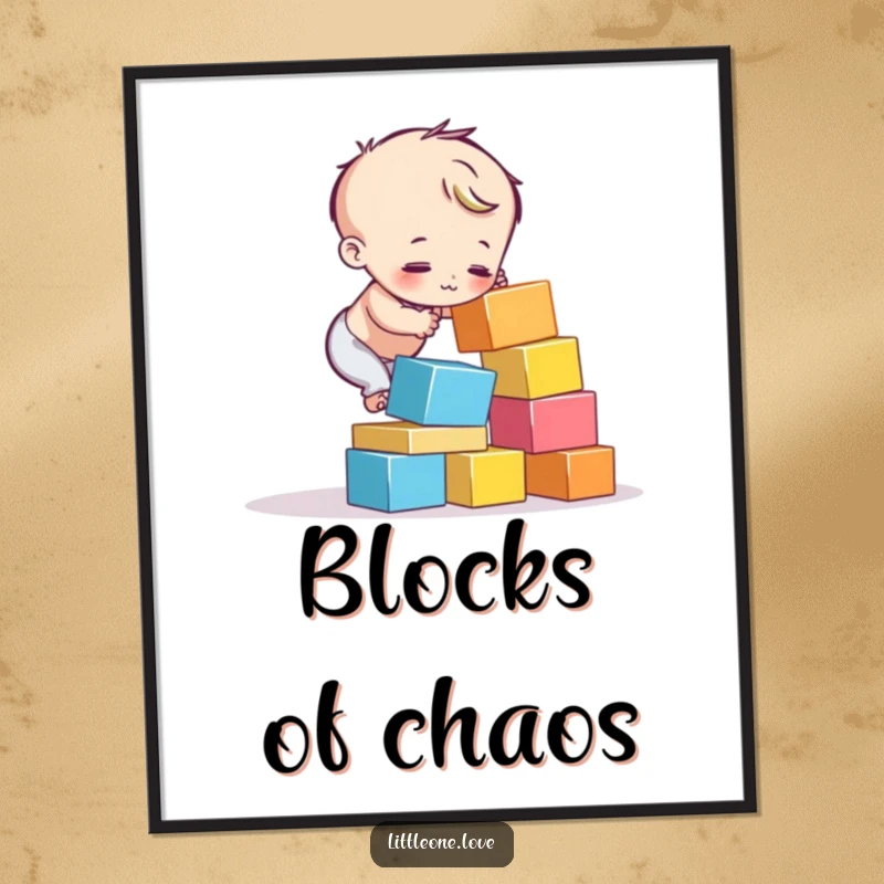 Funny digital art of a child character's colorful blocks tumbling down mid-stack. Humorous and relatable.