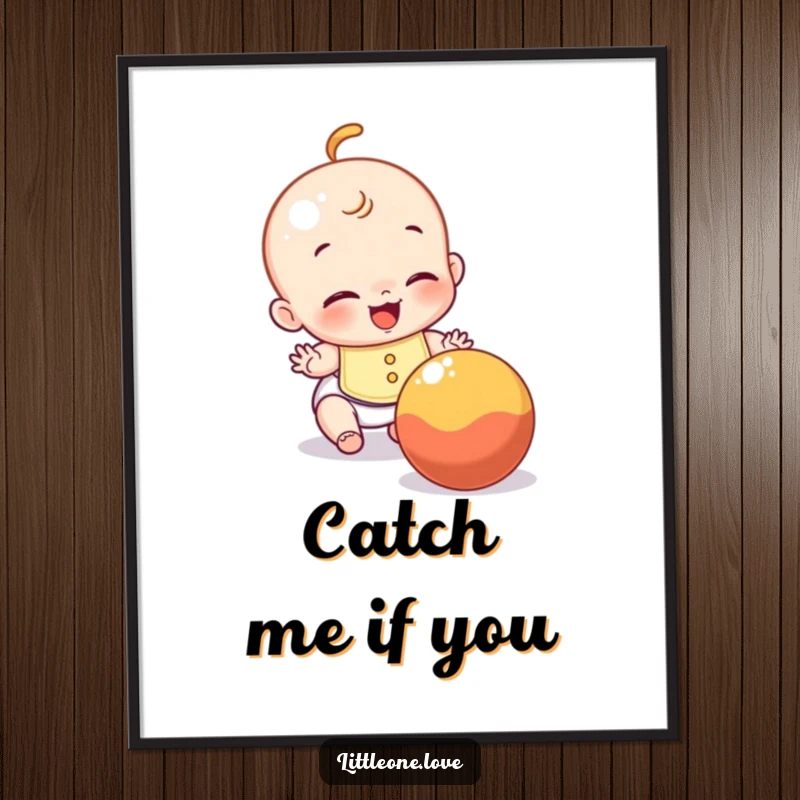 Funny digital art print of a giggling baby in a bib, enthusiastically trying to catch a rolling ball, a cheerful piece.