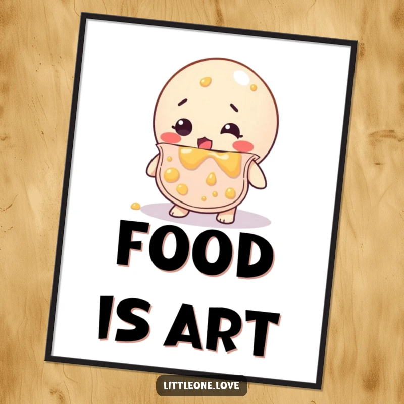 Funny digital art of a bewildered rubber ball in a bib, completely covered in baby food, a comical and easily shareable image.