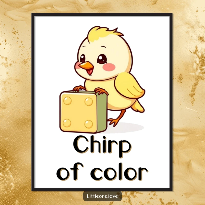Funny digital art print of a cheerful baby bird character pecking at a colorful block, perfect for cute wall decor, great funny gift.
