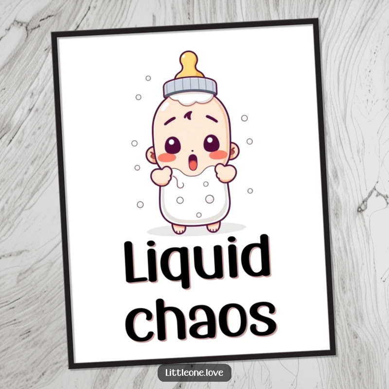 Funny digital art print of a surprised baby bottle character bubbling over, perfect for instant humorous decor.