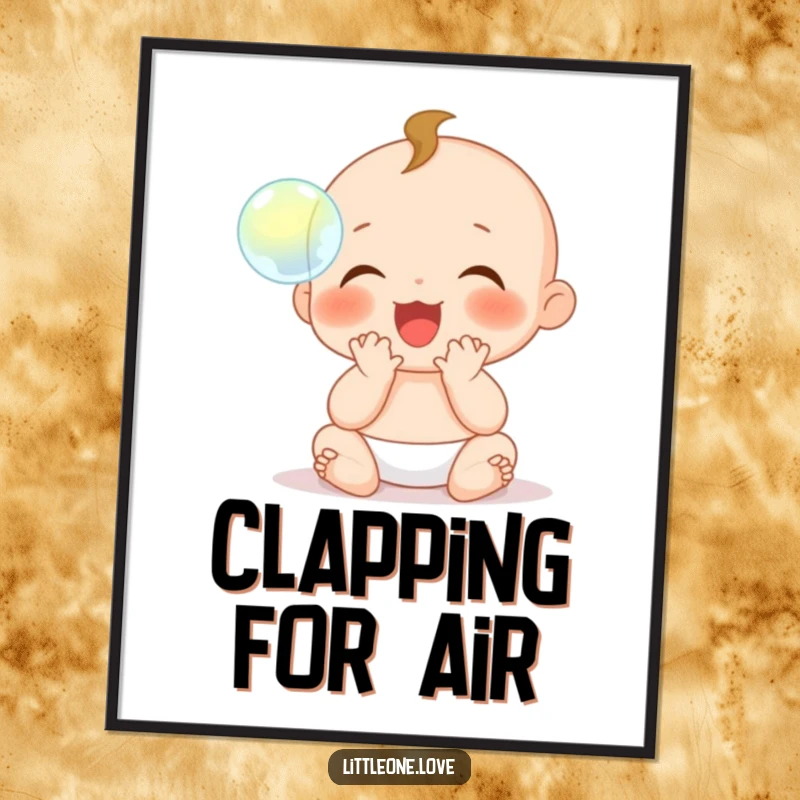 Funny Digital Art: A baby character with tiny hands claps gleefully with delight at a single, perfectly floating bubble.