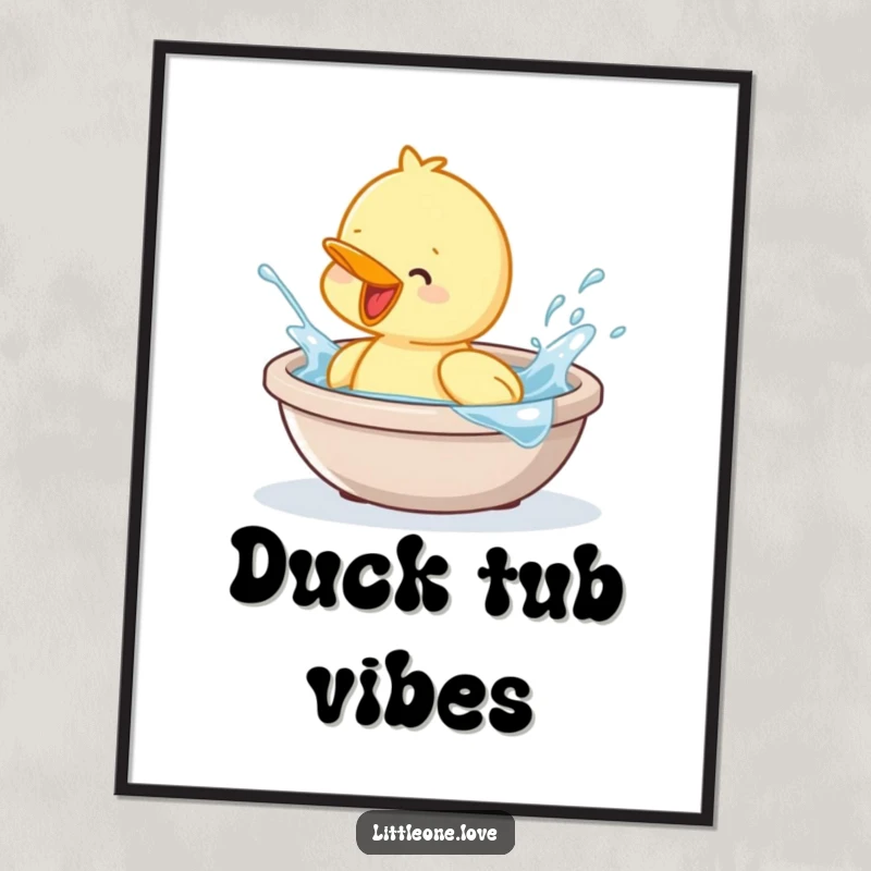 Funny digital art print of a baby duckling splashing happily in a tub, ideal for instant cheerful decor.