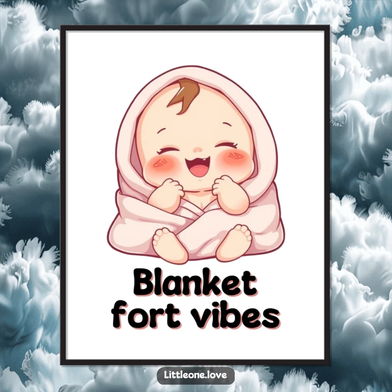 Funny digital art of a chubby baby character gurgling with delight while covered in soft blankets. Cute and happy.