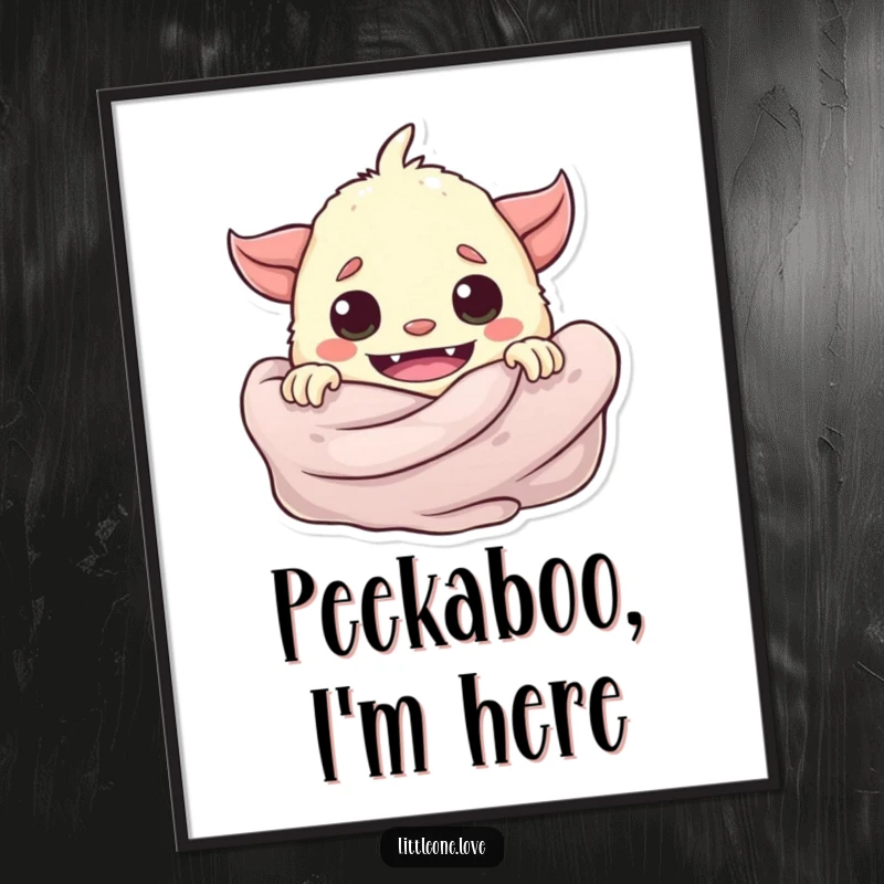 Funny playful baby monster peeking from behind a soft blanket, as a downloadable digital art print.