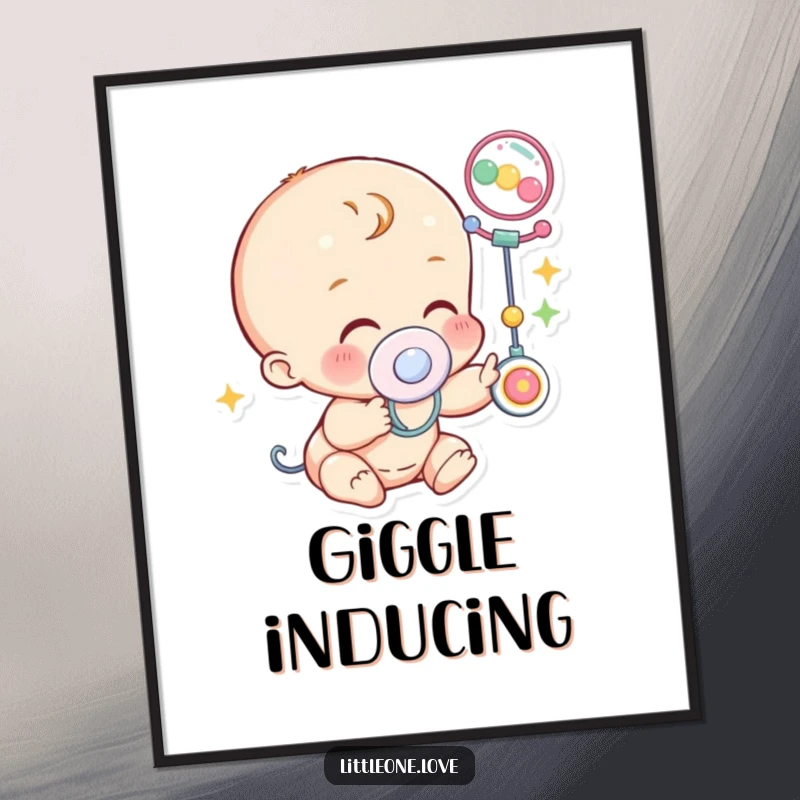 Funny Digital Art: A baby character with a pacifier giggles gleefully while reaching for a colorful, stimulating baby mobile.