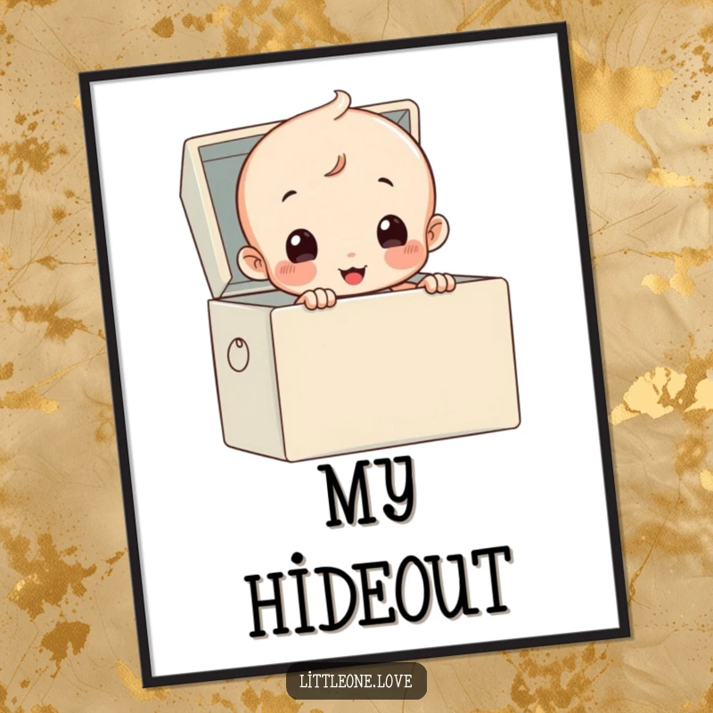 Funny digital art print of a curious baby in a diaper peeking from a toy box, humorous decor.