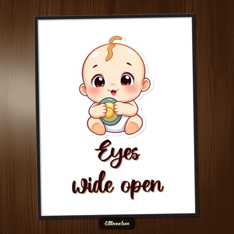 Funny chubby baby with wide, curious eyes enthusiastically shaking a rattle, as a downloadable digital art print.