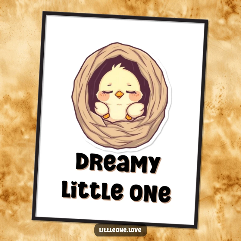 Funny digital art print of a tiny, sleepy baby bird peeking from its nest, bringing a sweet, innocent, and humorous touch to any wall decor.