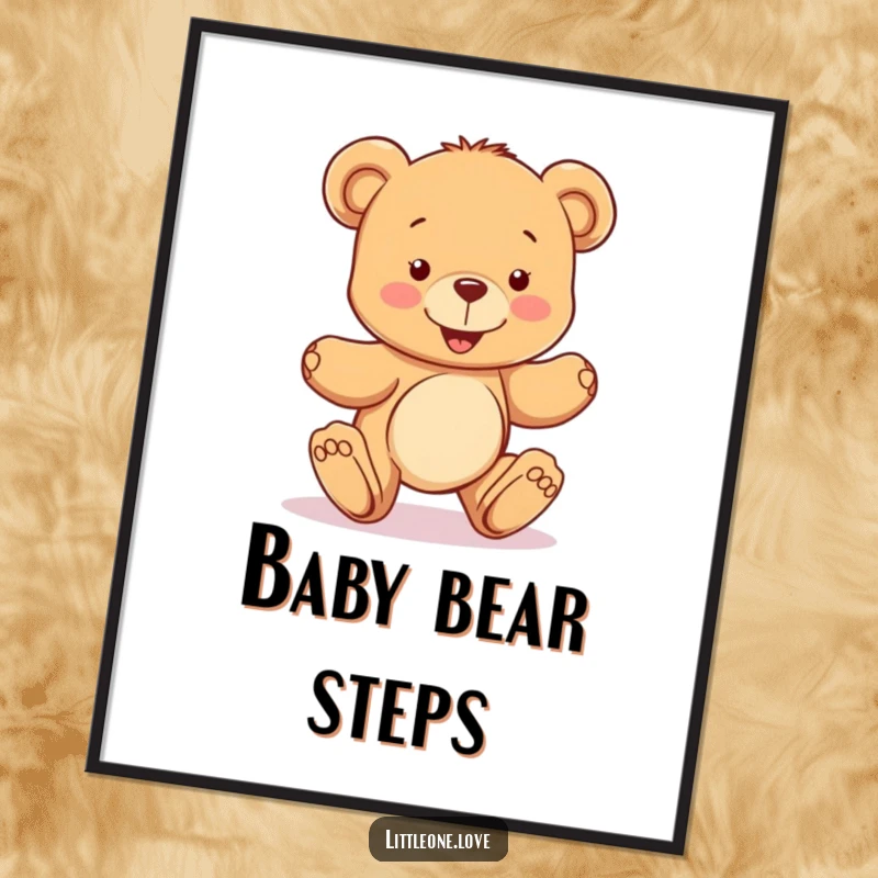 Funny digital art print of a happy teddy bear character learning to take wobbly steps, creating an uplifting and adorable focal point for any room's decor.