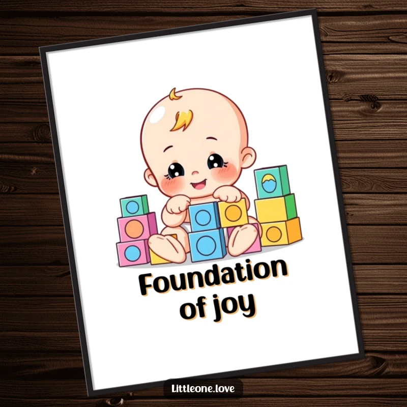 Funny digital art print of a playful baby character building with cheerfully arranged blocks, perfect for inspiring decor.