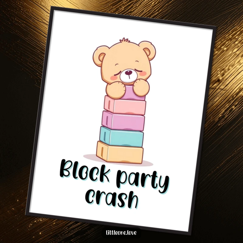 Funny digital art of a sleepy teddy bear precariously balancing a huge stack of colorful blocks, a heartwarming and humorous piece.