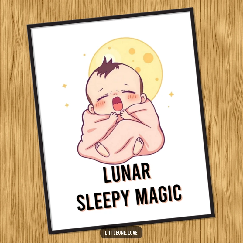 Funny digital art print of a sleepy baby character yawning under the moon, wrapped in a blanket, ideal for whimsical wall decor.