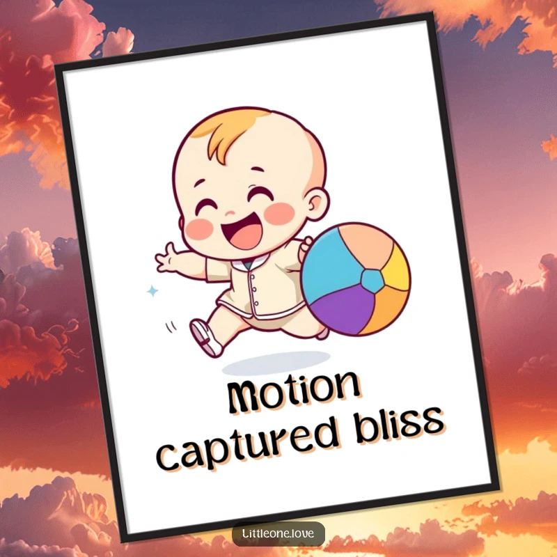 Funny giggling toddler character excitedly chasing a bouncing colorful ball, available as a high-resolution digital art print.