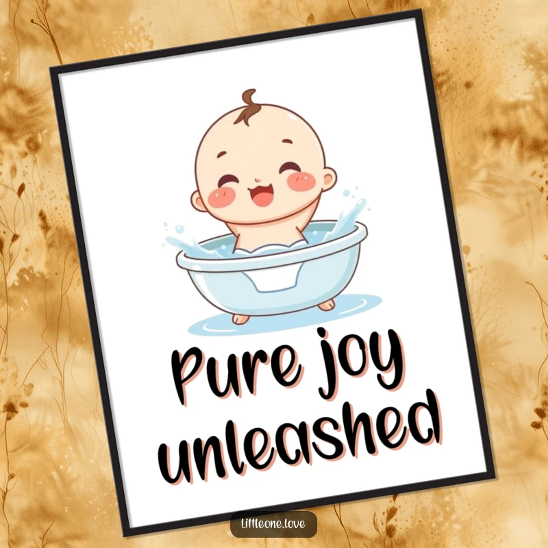 Funny small, round baby in a diaper gleefully splashing water in a tiny tub, as a downloadable digital art print.