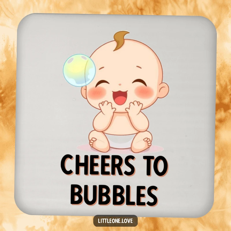 Funny Coasters: A baby character with tiny hands claps gleefully at a floating bubble, protecting your surfaces.