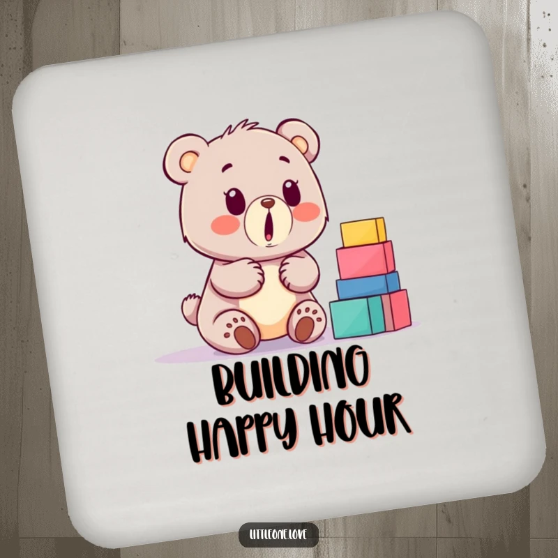 Funny baby bear coaster, surprised by a stack of building blocks, cute and protective accessory for tabletops.