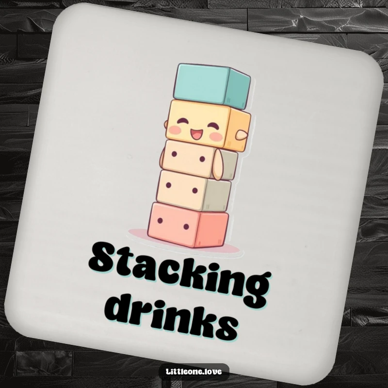 Funny coasters with a baby block character stacking itself too high, offering humorous protection. Set of coasters.