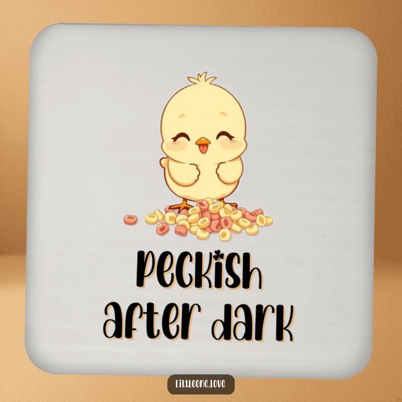 Funny baby chick coaster, happy chick pecking at spilled cereal, cheerful and protective accessory for tabletops.