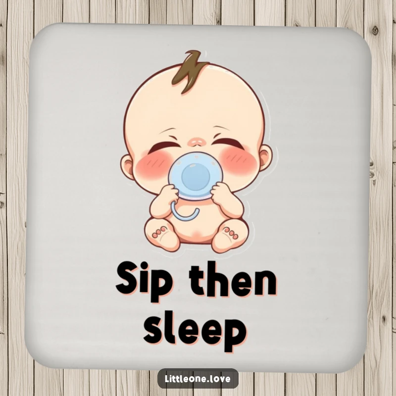 Funny baby yawn coaster featuring a cute character yawning widely, pacifier, protecting surfaces with humor.