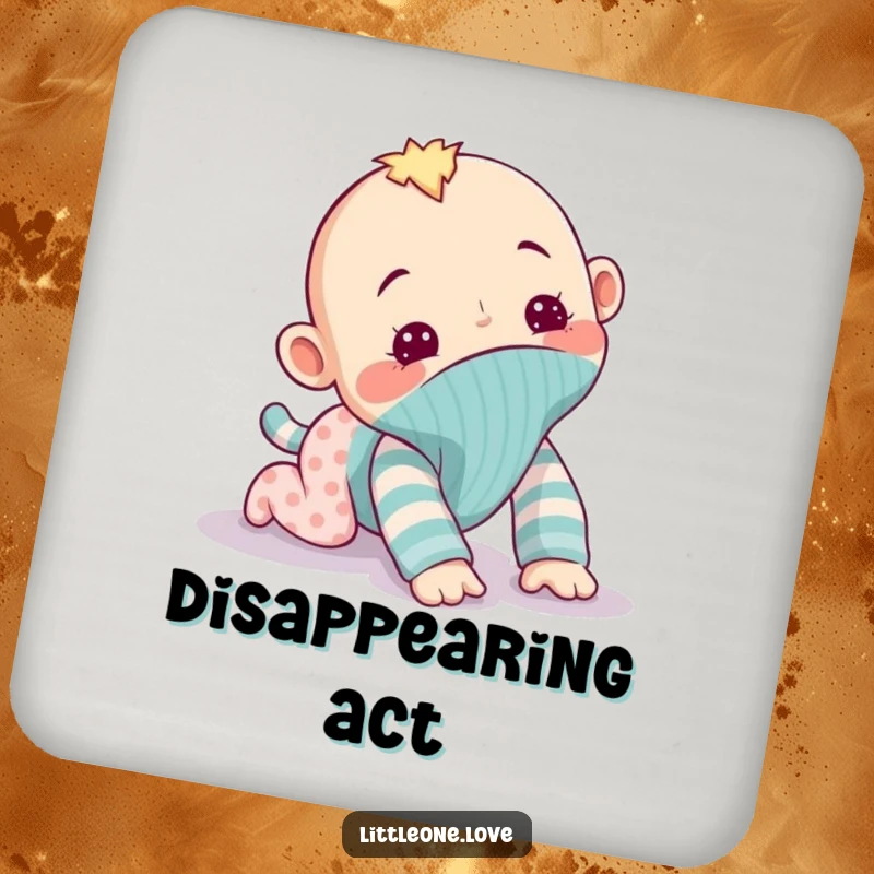 Funny drink coaster set featuring a mischievous baby sock puppet attempting to crawl away, protecting surfaces with playful charm and a hint of humor.