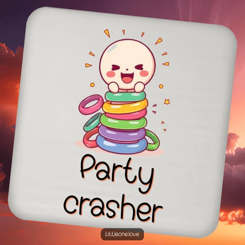 Funny drink coaster with a cheerful, sentient baby rattle gleefully smashing a tower of colorful rings, a humorous and protective accessory.