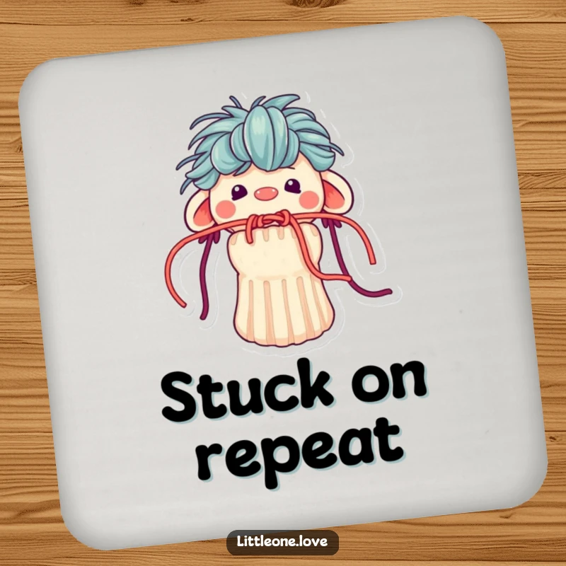 Funny drink coaster with a sock puppet character whose yarn hair is humorously stuck in its mouth, a charming and protective accessory.