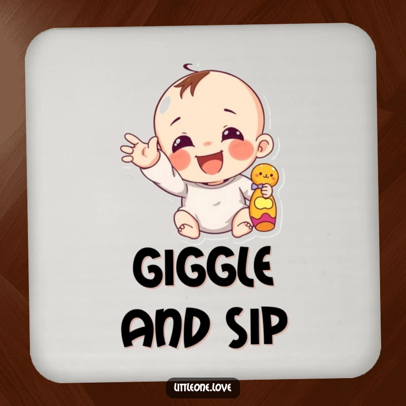 Funny giggling infant with chubby hand reaching for a toy, printed on absorbent drink coasters.