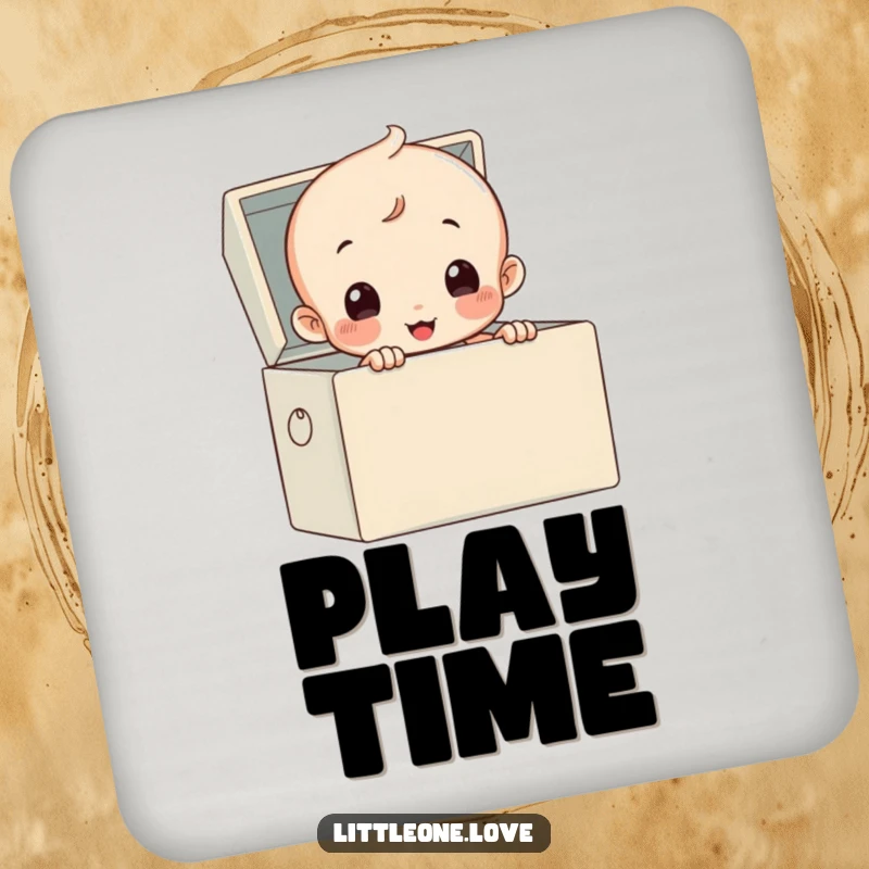 Funny drink coaster with a diapered baby peeking from a toy box, protecting surfaces humorously.