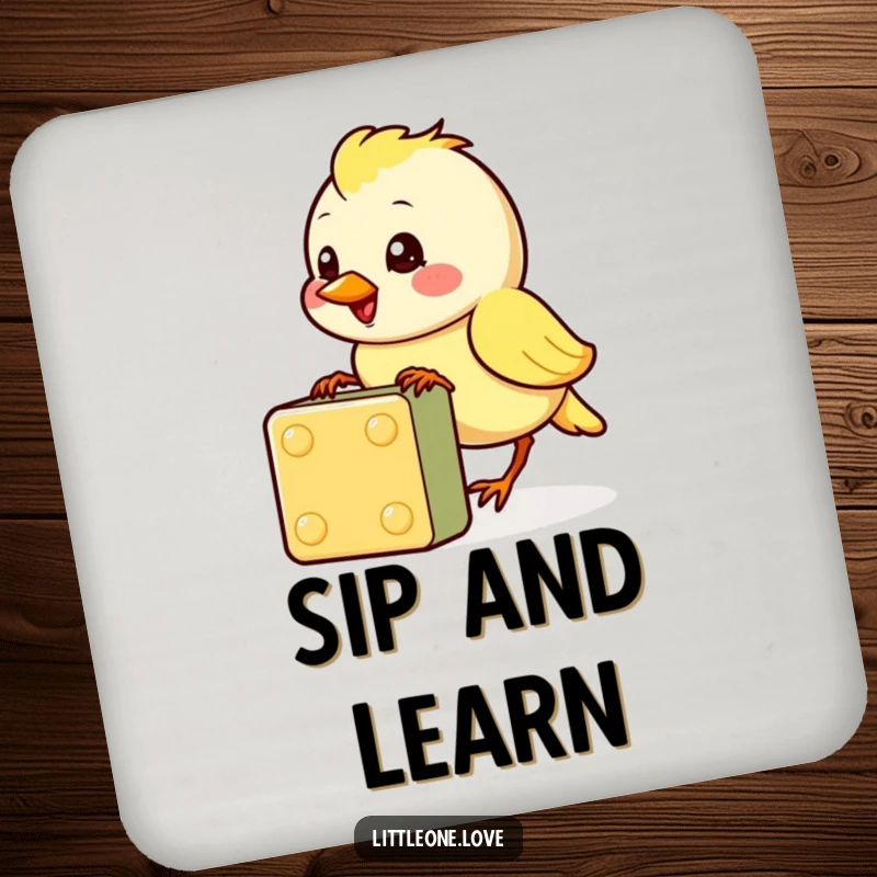 Funny baby bird coasters featuring a cheerful character pecking at a colorful block, protecting surfaces with humor, perfect funny gift.