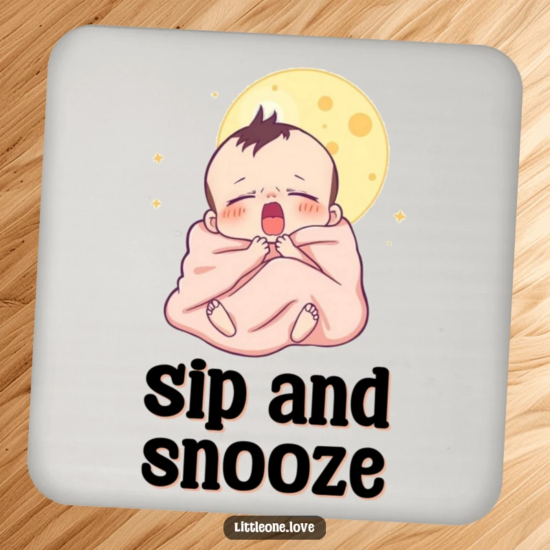 Funny drink coaster with a sleepy baby character yawning under the moon, wrapped in a blanket, offering protection with a humorous touch.
