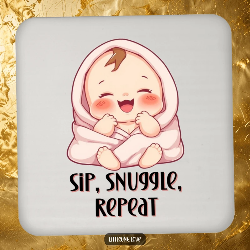 Funny drink coaster with a chubby baby character gurgling happily, wrapped in soft blankets. Cute decor.