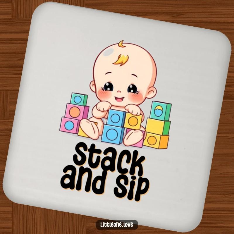 Funny drink coaster showcasing a playful baby character building with colorful blocks, offering protection with a humorous touch.