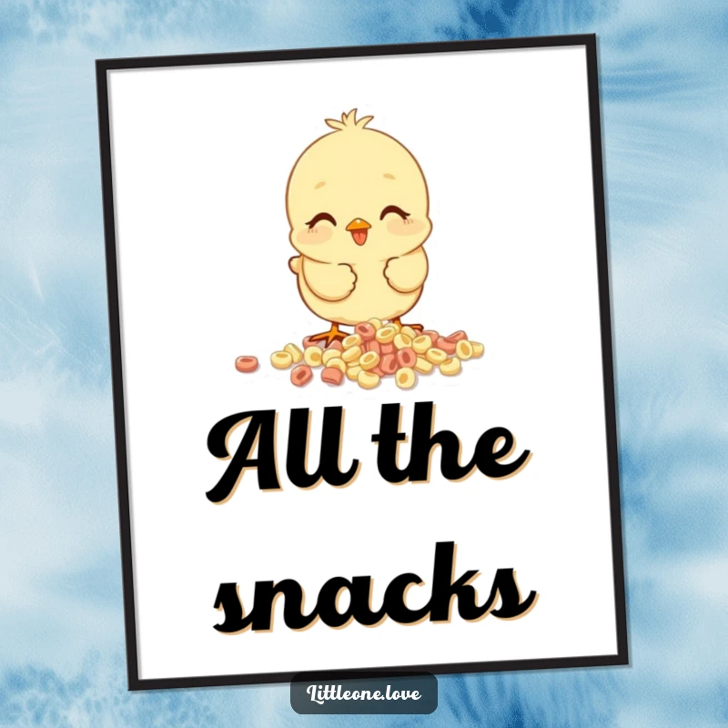 Funny baby chick poster, happy chick pecking at spilled cereal, cheerful and humorous wall art for any room.