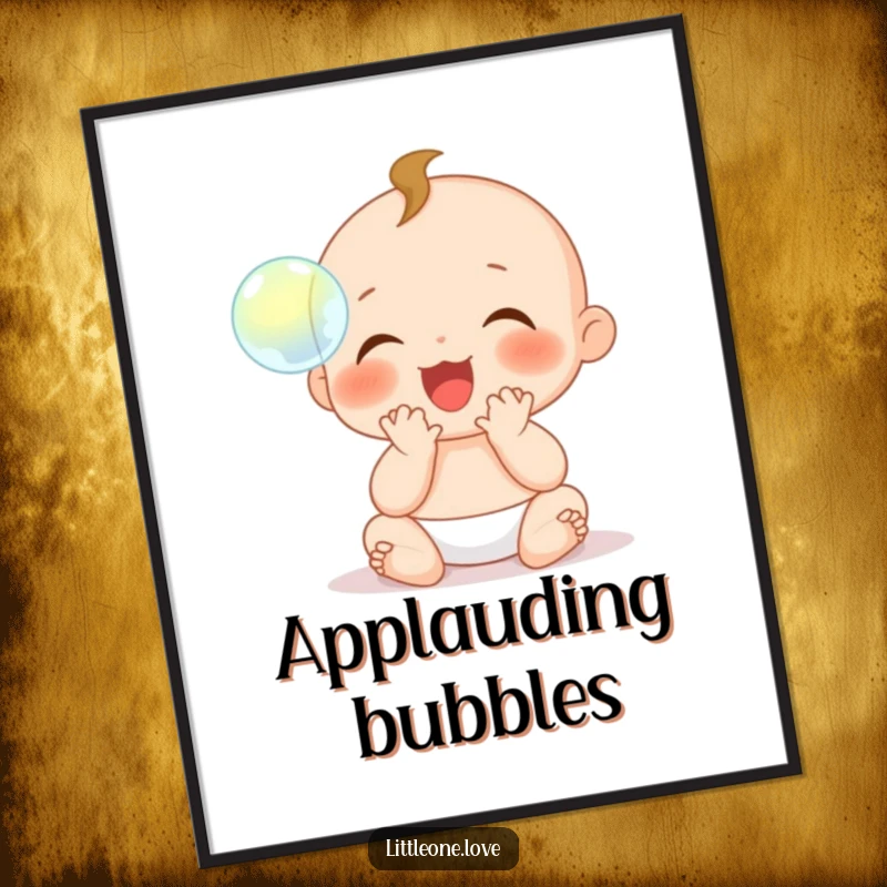 Funny Poster: A baby character with tiny hands claps with sheer delight at a single, perfectly floating, iridescent bubble.